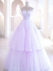 Purple  tulle A line long prom dress, tulle long evening dress