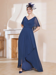 V-neck ruffle sleeves asymmetrical mother of the bride dress