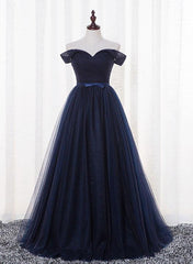 Beautiful Navy Blue Tulle Long Party Dress, Simple Off Shoulder Blue Bridesmaid Dress