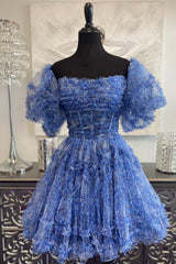 Goulades bouffées Blue Ruffles A-Line Prints Robe Homecoming