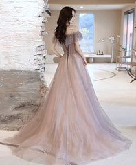 pale pinkish tulle A-line long prom dress tulle formal dress