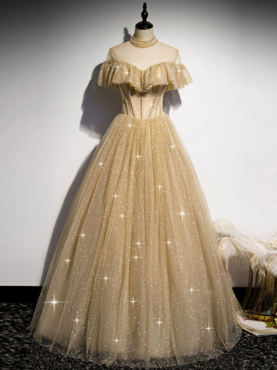 Gold tulle lace long prom dress gold sweet 16 dress