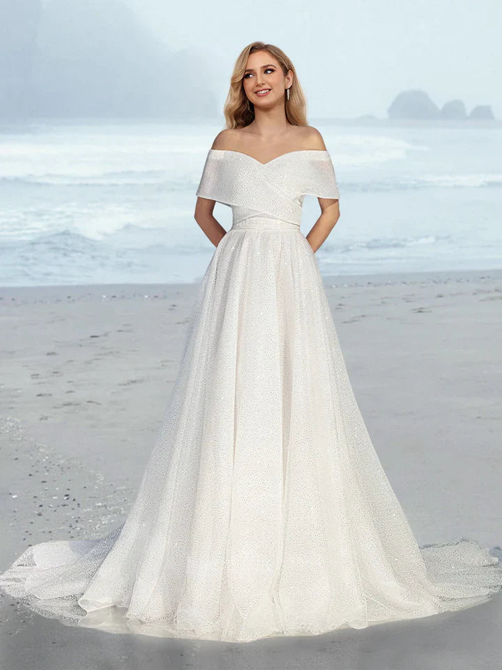Wholesale A-Line/Princess Off-The-Shoulder Floor-Length Wedding Dress