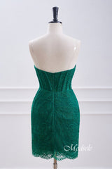 Strapless Hunter Green Lace Pleated Tight Homecoming Dress