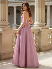 Sweetheart Neck A-Line Glitter Tulle Dress With Slit Dusty Rose