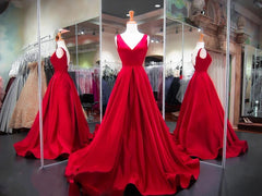 A Line Red Prom Dresses V Neck Satin Long Evening Dress