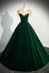 Dark Green Velvet A-line Long Prom Dress, Dark Green Evening Party Dress