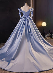 Blue Satin Ball Gown Off Shoulder Long Party Dress, Blue Satin Prom Dress