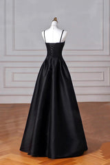 A-line Satin Black Long Party Dress, Black Sweetheart Straps Prom Dress