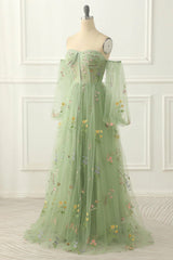 Light Green Tulle Floral Sleeves Long Party Dress, A-line Light Green Prom Dress