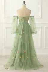 Light Green Tulle Floral Sleeves Long Party Dress, A-line Light Green Prom Dress