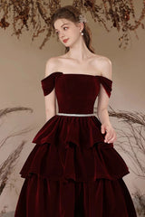 Wine Red Layers Velvet Off Shoulder Prom Dress, Wine Red Party Dress