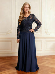 Lace Illusion Neck Long Sleeve Floor-length Dress Dark Navy