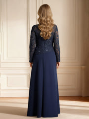 Lace Illusion Neck Long Sleeve Floor-length Dress Dark Navy