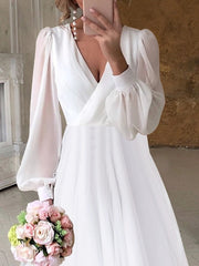 A-Line/Princess V-Neck Asymmetrical Wedding Dress Pure Color