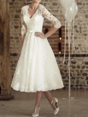 A-Line/Princess V-Neck Tea-Length Lace Wedding Dress Short Elegant Party Dress