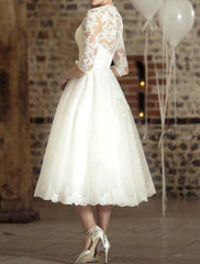 A-Line/Princess V-Neck Tea-Length Lace Wedding Dress Short Elegant Party Dress