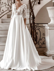 A-Line/Princess V-Neck Floor-Length Lace Wedding Dress Sexy