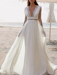 A-Line/Princess V-Neck Floor-Length Lace Wedding Dress Sexy