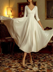 A-Line/Princess V-Neck Tea-Length Wedding Dress Pure Color