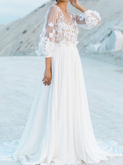 A-Line/Princess V-Neck Floor-Length Wedding Dress With Appliques Beautiful