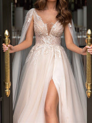 A-Line/Princess V-Neck Floor-Length Wedding Dress With Split Side Sexy