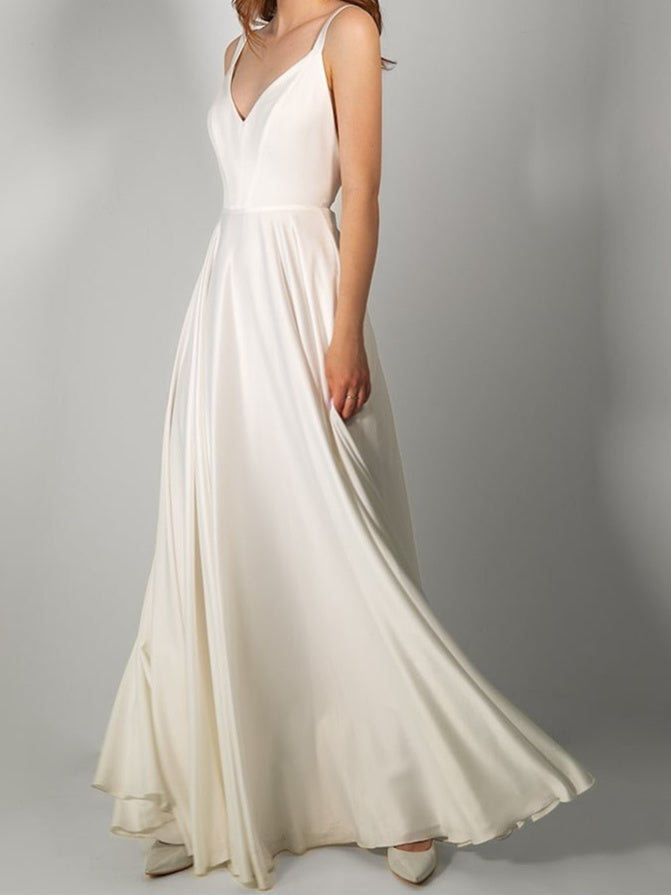 A-Line/Princess V Neck Floor-Length Wedding Dress With Bow & Split Side Sexy