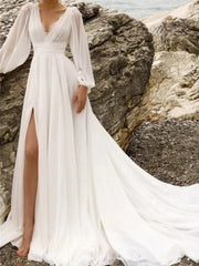 A-Line/Princess V-Neck Floor-Length Wedding Dress With Split Side Sexy