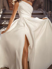 A-Line/Princess One-Shoulder Floor-Length Wedding Dress With Split Side Ivory