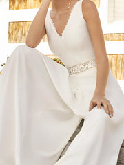 A-Line/Princess V-Neck Floor-Length Wedding Dress With Lace Sash Sexy