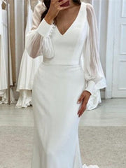 Trumpet/Mermaid V-Neck Floor-Length Long Sleeves Wedding Dress Ivory