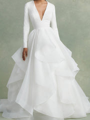 A-Line/Princess V-Neck Floor-Length Ball-Gown Wedding Dress With Ruffles Sexy