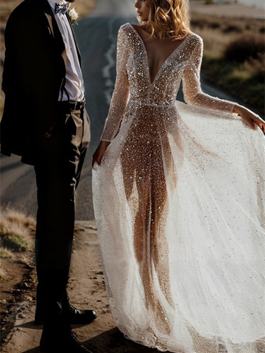 A-Line/Princess V-Neck Long Sleeves Sequins Wedding Dress Charming Evening Party Dress
