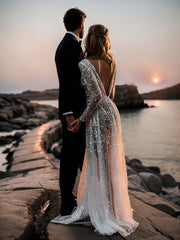 A-Line/Princess V-Neck Long Sleeves Sequins Wedding Dress Charming Evening Party Dress