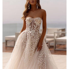 A-Line/Princess Sweetheart Sweep / Brush Train Wedding Dress For Beach Wedding Off Shoulder