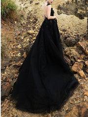 A-Line/Princess V-Neck Court Train Black Wedding Dress Sexy