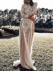Sheath / Column Beach Wedding Dress 3/4 Length Sleeves With Appliques Sexy