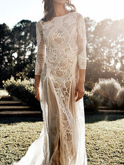 Sheath / Column Beach Wedding Dress 3/4 Length Sleeves With Appliques Sexy