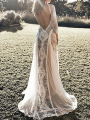 Sheath / Column Beach Wedding Dress 3/4 Length Sleeves With Appliques Sexy