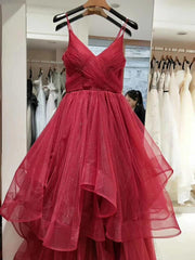 A Line Spaghetti Straps Sparkly 2024 Red Tulle Prom Dresses