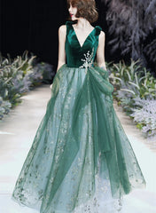 Green A-line Tulle Long Evening Dress Prom Dress, Green Tulle Party Dress