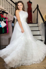 White Organza Strapless Belted A-Line Tiered Prom Dress with Ruffles