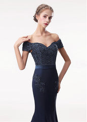 Stretch Satin Off-the-shoulder Navy Mermaid Beading Evening Dress