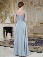 V-neck A-Line Applique Chiffon Long Dress With Slit Sky Blue