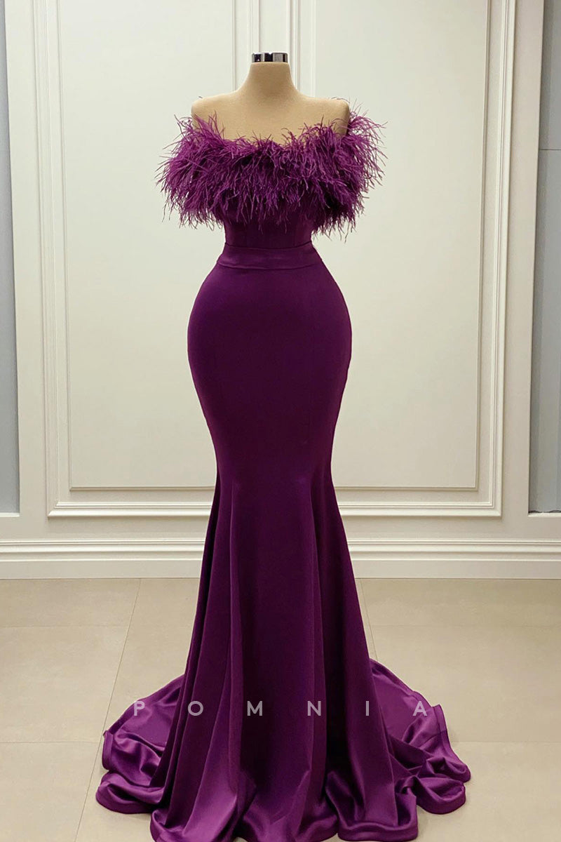P1437 - Strapless Feathers Mermaid Ruched Sleeveless Satin Evening Formal Dress