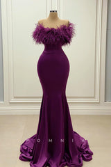 P1437 - Strapless Feathers Mermaid Ruched Sleeveless Satin Evening Formal Dress