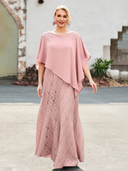 Elegant Scoop Cape Chiffon Lace A-Line Long Dress Dusty Rose