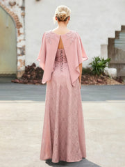 Elegant Scoop Cape Chiffon Lace A-Line Long Dress Dusty Rose