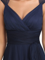 Navy Blue Women's Elegant V Neck Sash Waist A-Line Maxi Tulle Wrap Dress Prom Dresses