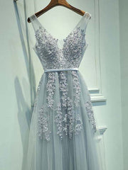 A Line Round Neck Sleeveless Grey Lace Prom Dresses, Lace Bridesmaid Dresses, Formal Dresses